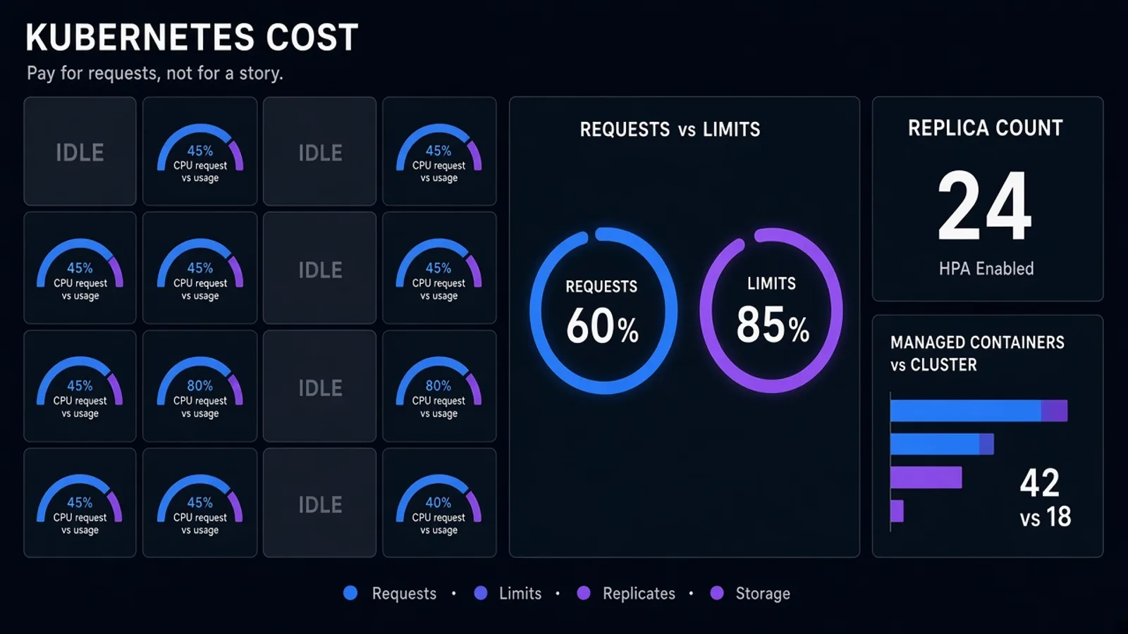 Cluster grid on dark navy with idle nodes dimmed and request/limit gauges on the active pods