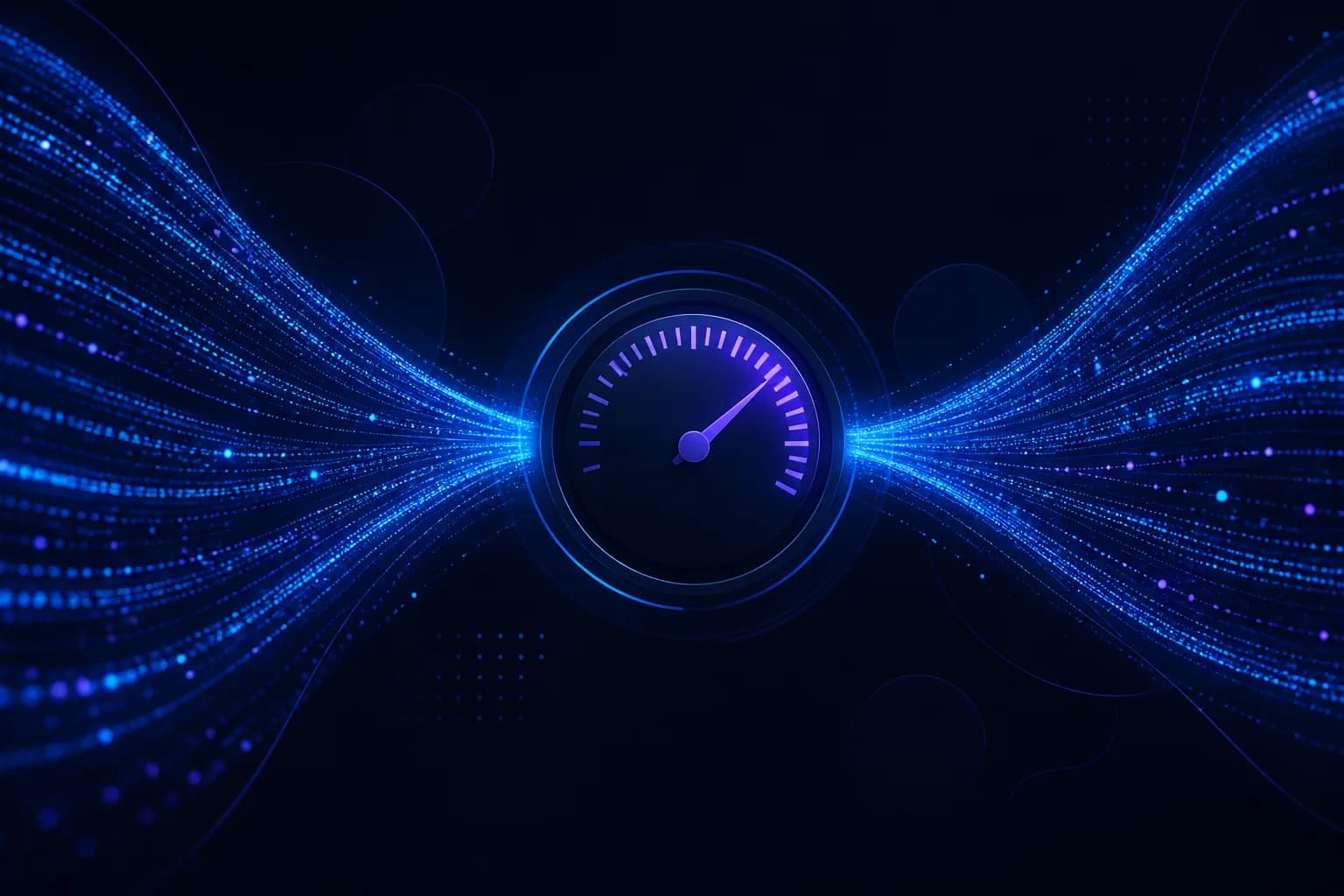 Token streams funneling into a cost gauge on dark navy with blue and purple accents