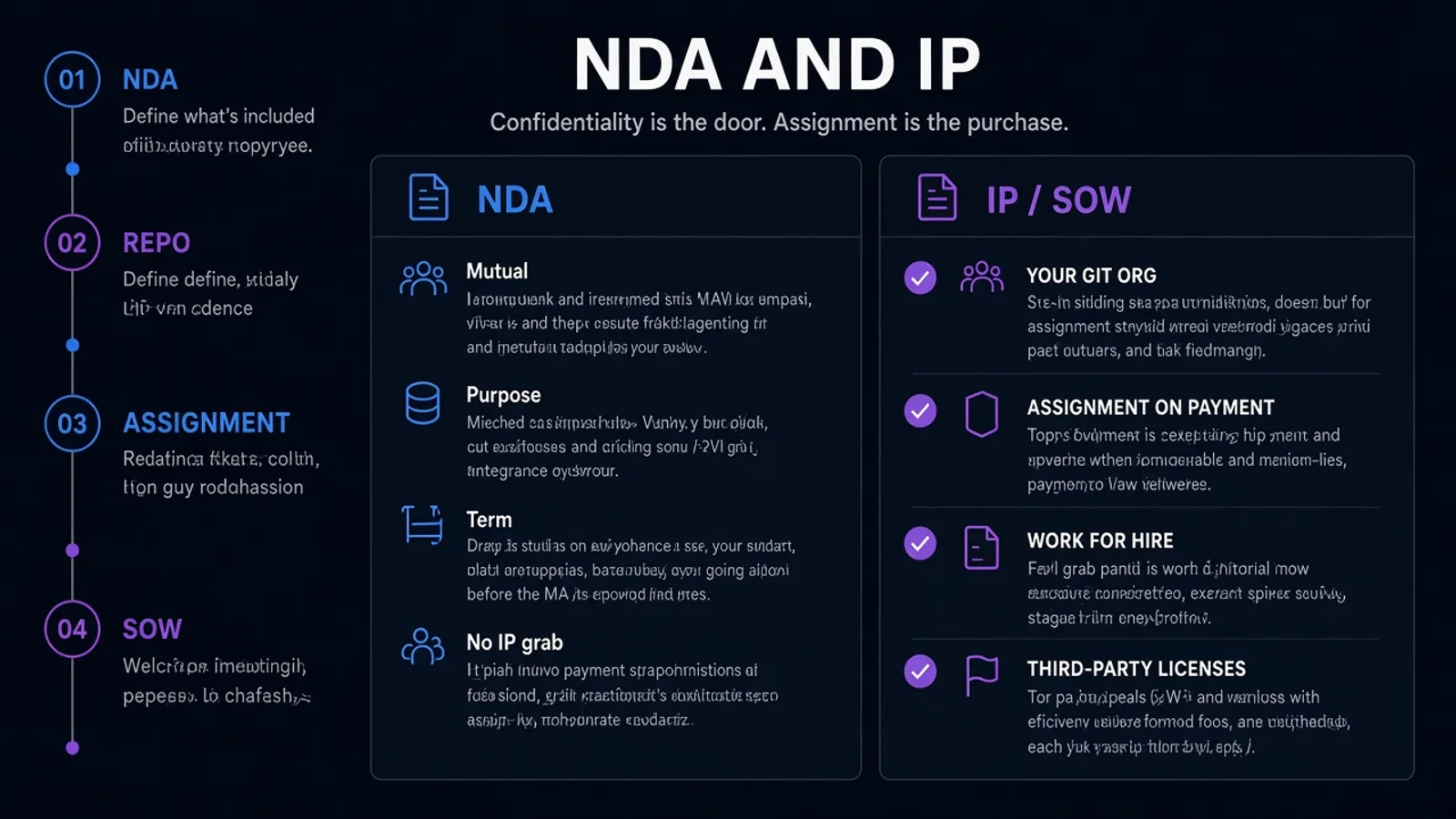 Two documents on dark navy: an NDA band and an IP assignment into the buyer repository