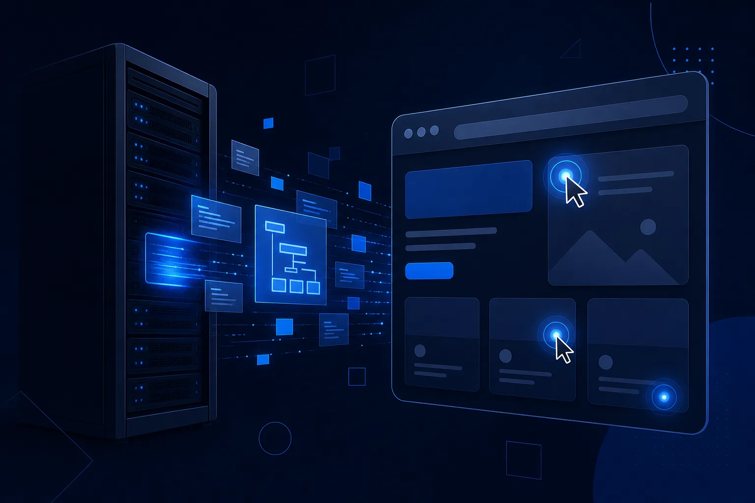 Abstract server and browser nodes exchanging React component trees on a dark navy background
