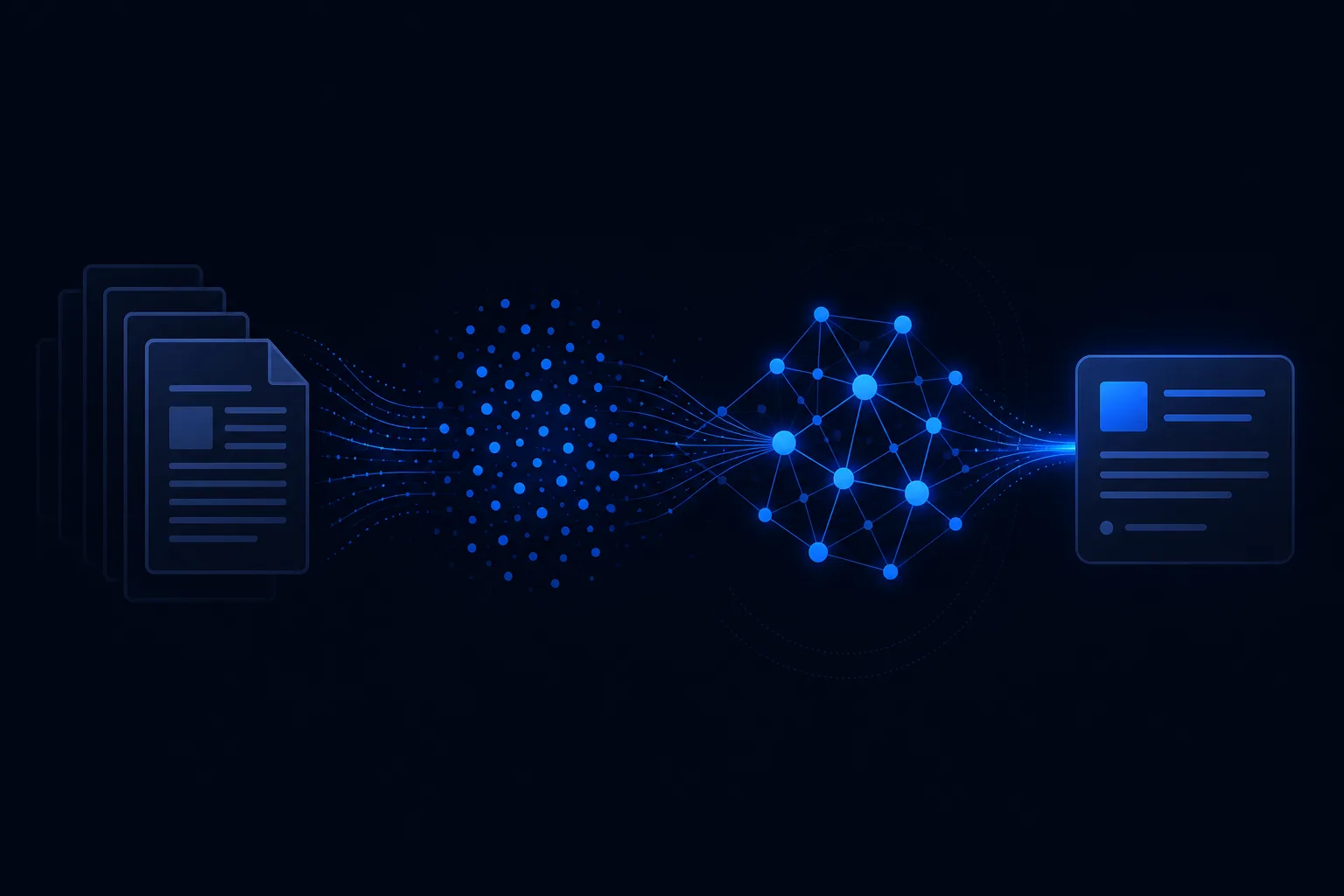 Abstract diagram of documents flowing into embeddings, a vector store, and an LLM response on dark navy