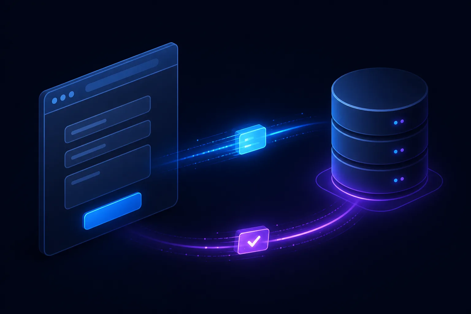 Form submission flowing from browser to server action and back on dark navy