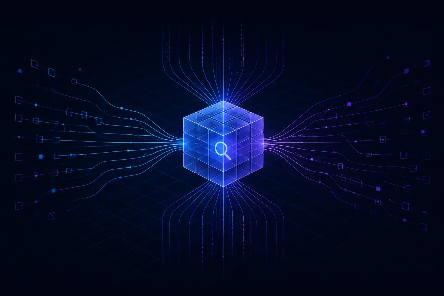 Abstract vectors converging into a searchable index cube on dark navy with blue and purple accents