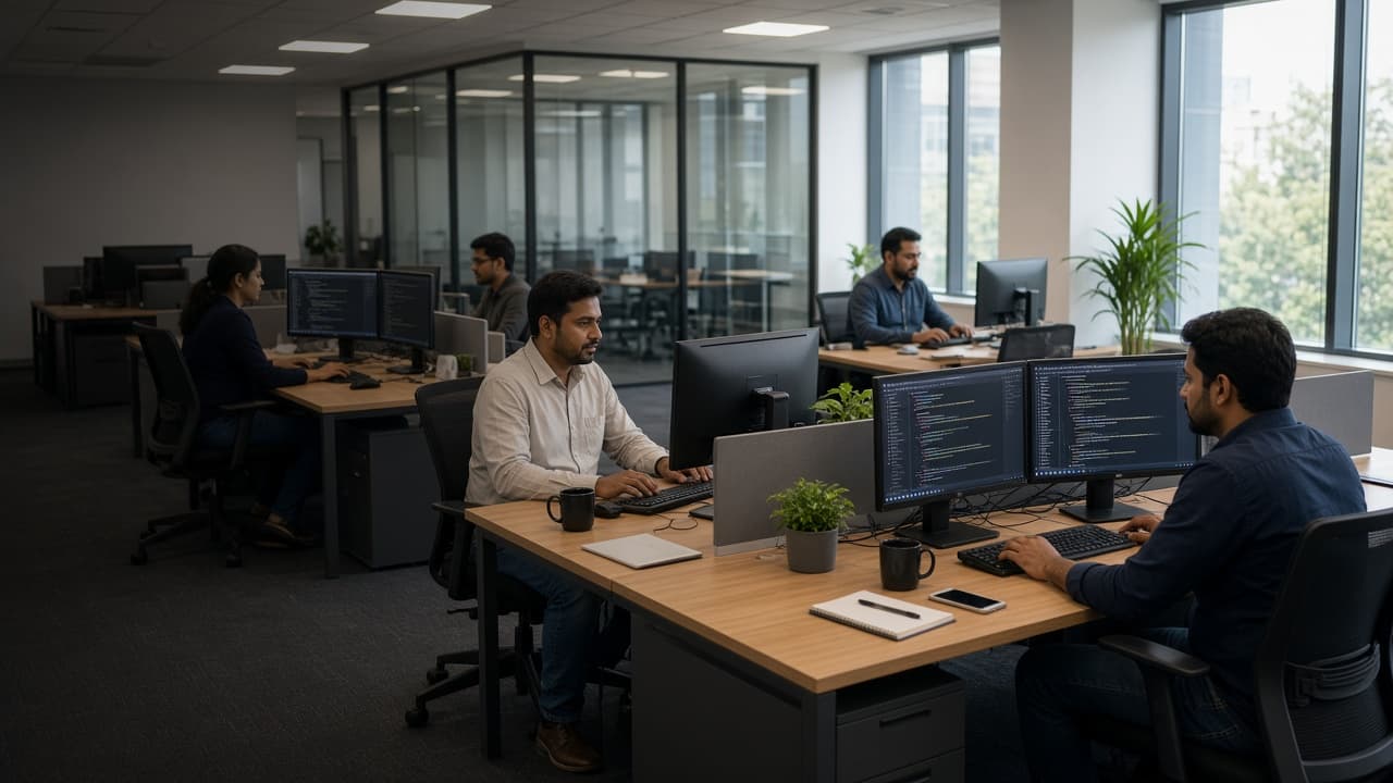 Engineers at workstations on the Myrafy office floor in Noida
