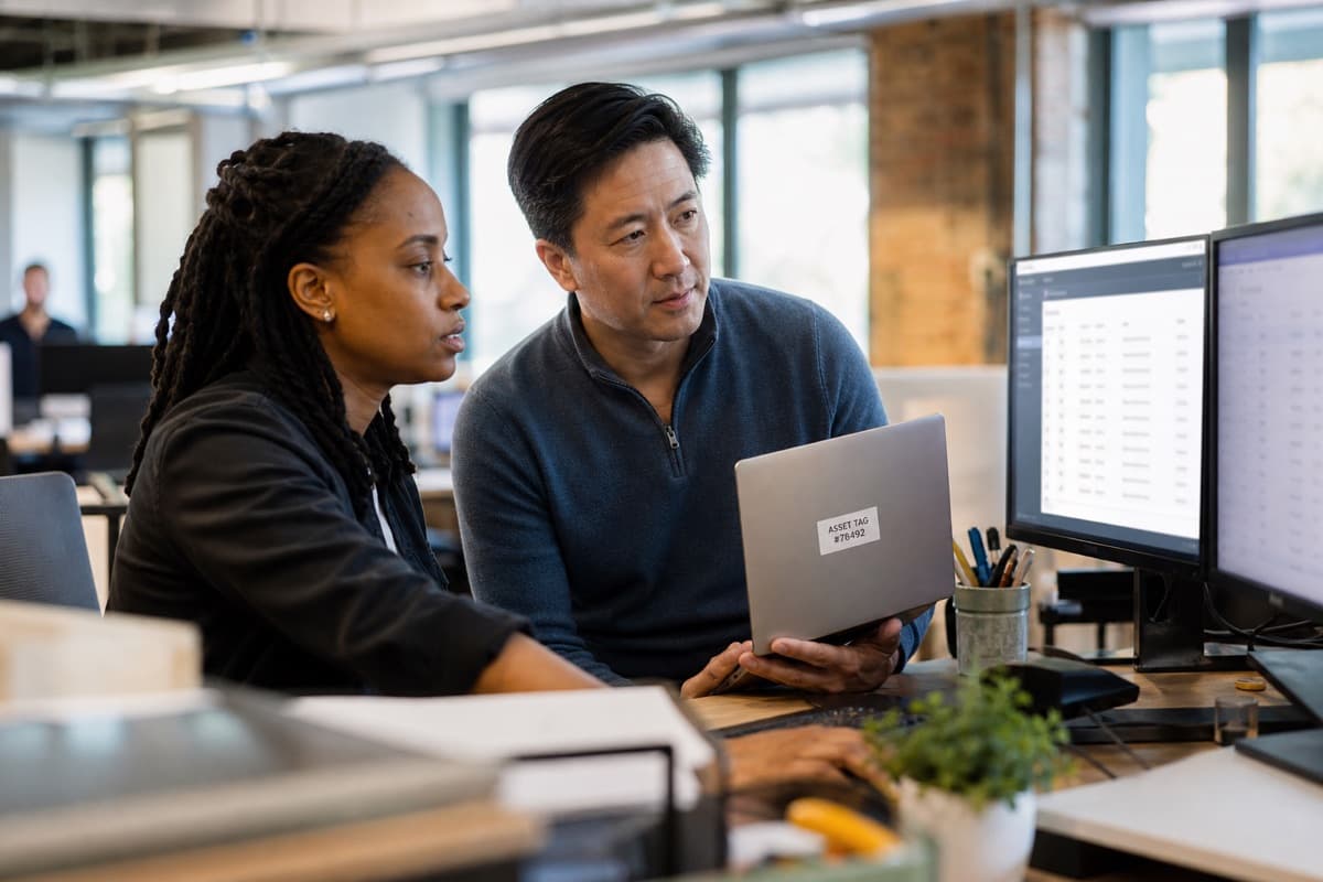 IT and finance professionals reviewing an asset list on monitors