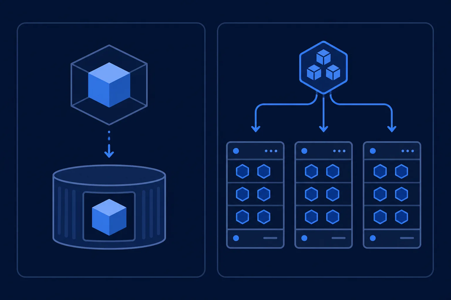 Side-by-side comparison of Docker packaging a single app versus Kubernetes coordinating many containers across nodes