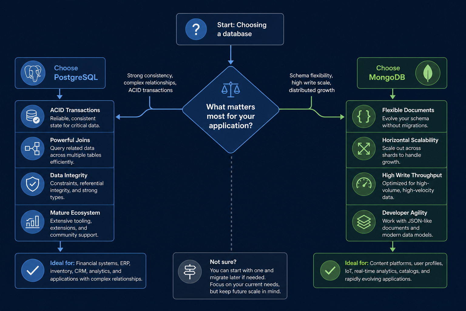 Flowchart branching to PostgreSQL or MongoDB based on transactions and document shape