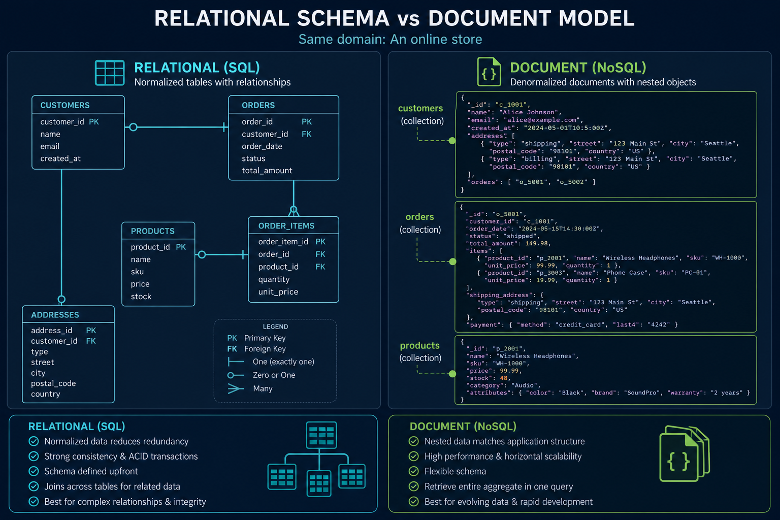 Relational tables with foreign keys versus nested document collections
