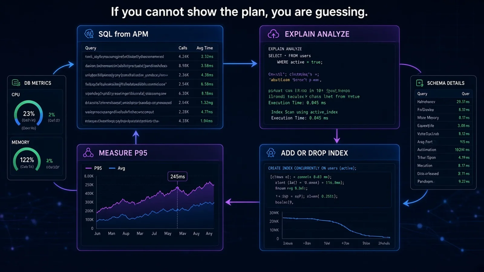 EXPLAIN loop: capture SQL, read the plan, add or drop an index, measure p95