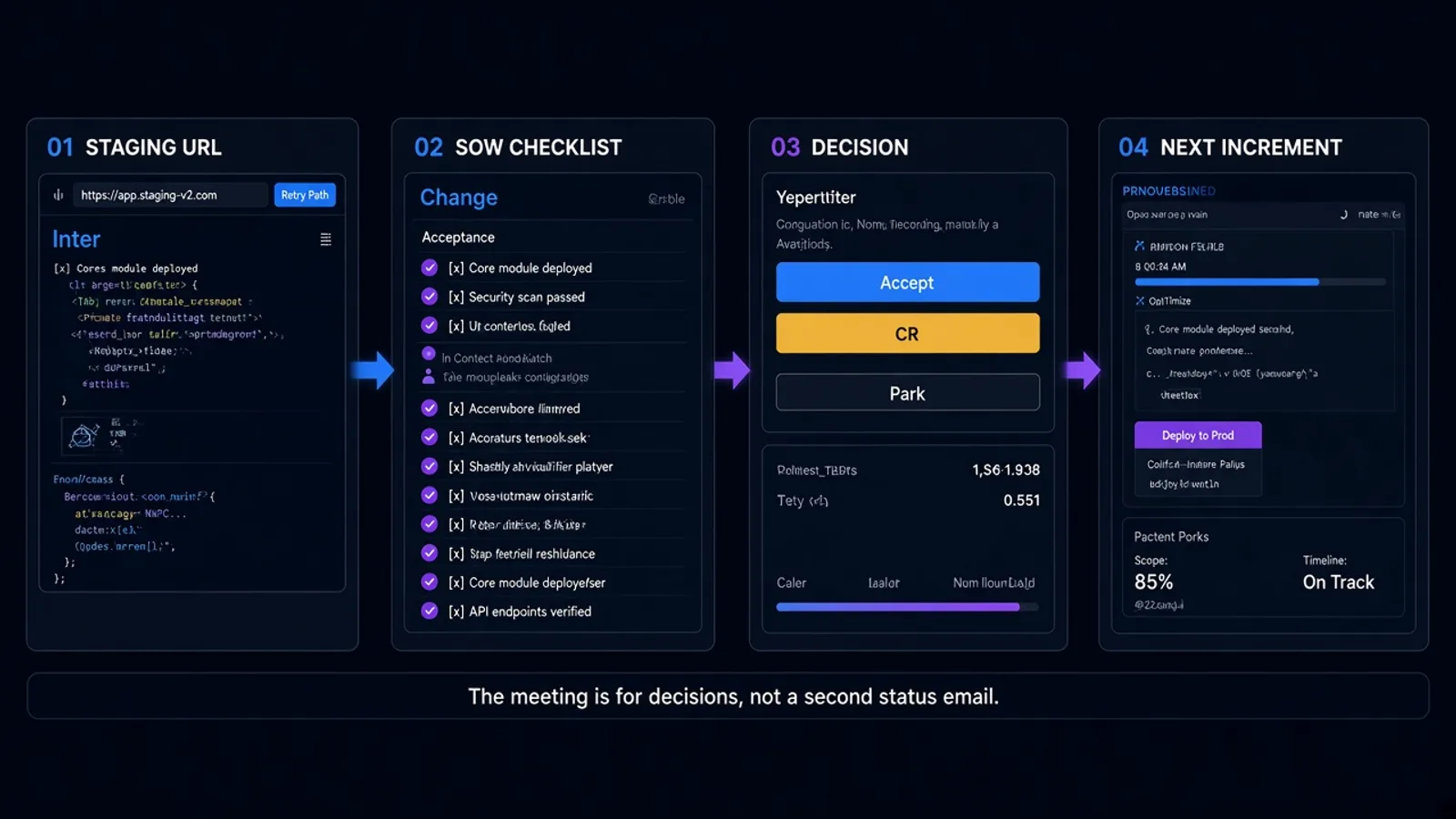 Weekly demo loop: staging URL, SOW checklist, decision, then the next increment